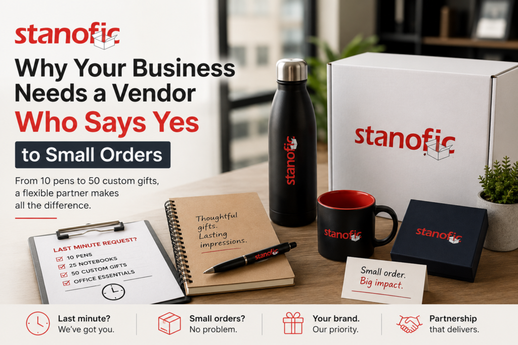 ChatGPT Image May 22 2026 01_22_43 PM - Stanofic Stanofic ad: bold headline about small orders, with branded bottle, mug, box on a desk.