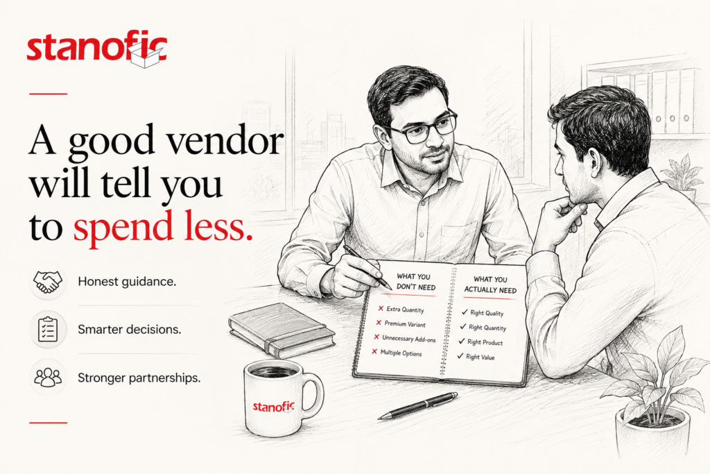 ChatGPT Image May 23 2026 02_24_12 PM - Stanofic Sketch of two men in a business meeting discussing vendor savings; headline reads 'A good vendor will tell you to spend less' with three benefits listed on the left: Honest guidance, Smarter decisions, Stronger partnerships.